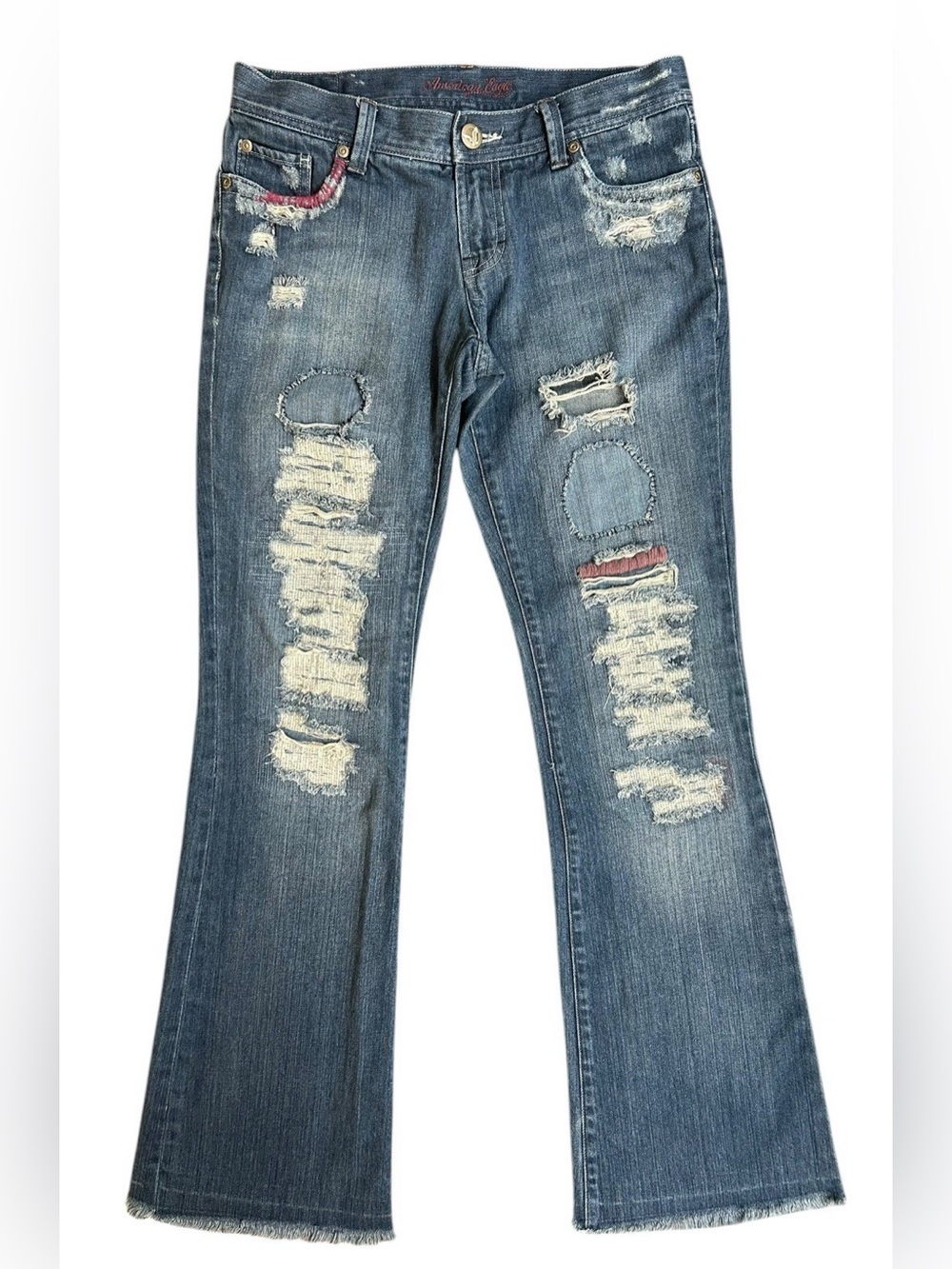 American Eagle Womens 4 Reg Hipster Skinny Flare Jeans Distressed Raw Hem Vtg
